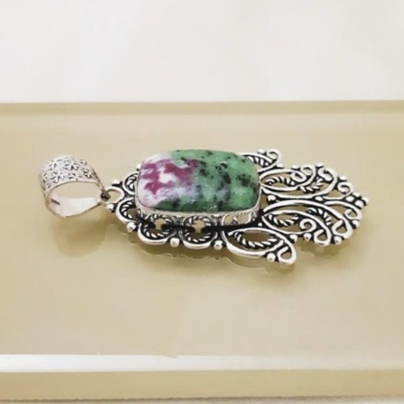 Ruby Zoisite (pd3) Pendant Natural Gems Green Purple Filigree Silver Art 2.5" L - Picture 3 of 10